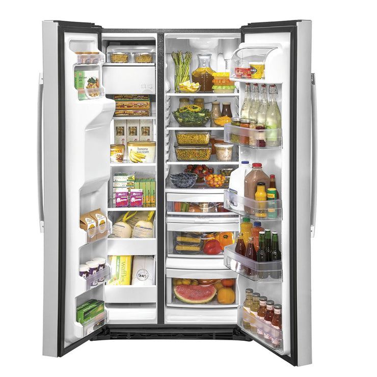 GE 25.1 Cu. Ft. Side-by-Side Refrigerator – Stainless Steel with External Ice & Water Dispenser with 1-Year Warranty