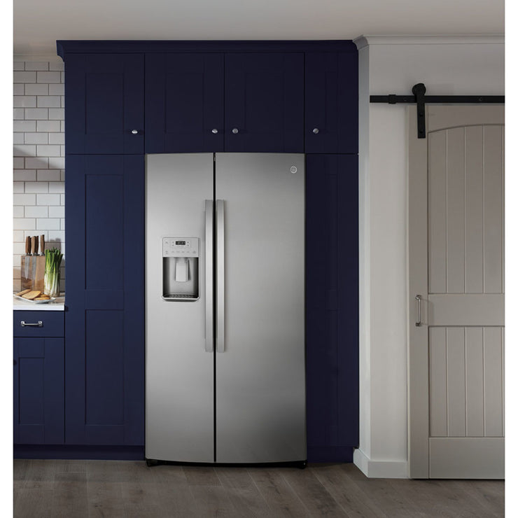 GE 25.1 Cu. Ft. Side-by-Side Refrigerator – Stainless Steel with External Ice & Water Dispenser with 1-Year Warranty