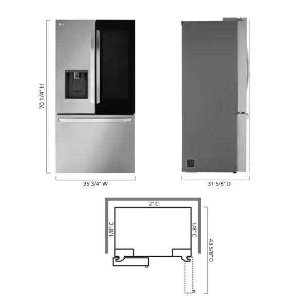 LG 26 cu. ft. Smart InstaView® Counter-Depth MAX™ French Door Refrigerator – Dual Ice, Stainless Steel  | 1-Year Warranty (Model LRFOC2606S)