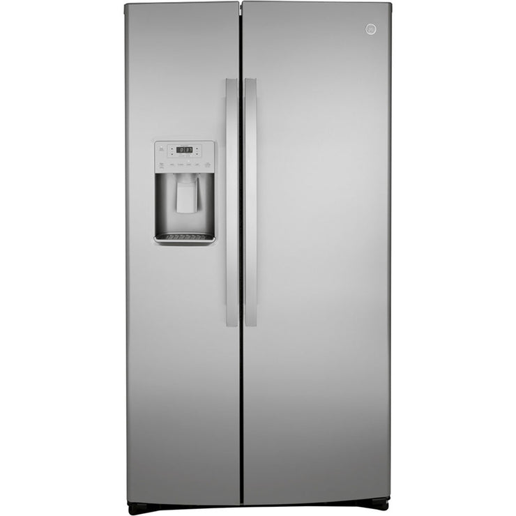 GE 25.1 Cu. Ft. Side-by-Side Refrigerator – Stainless Steel with External Ice & Water Dispenser with 1-Year Warranty