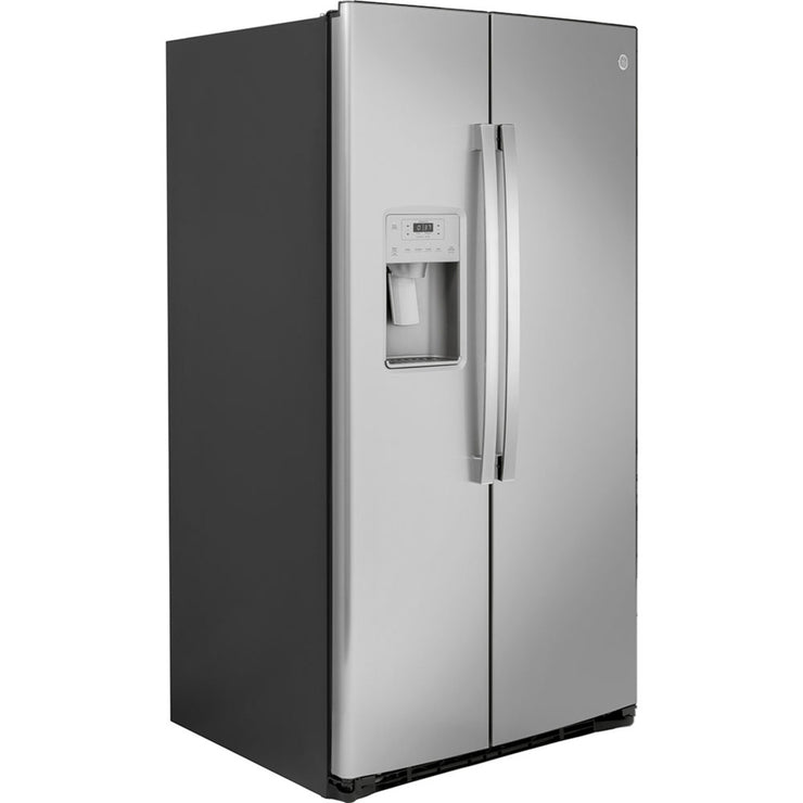GE 25.1 Cu. Ft. Side-by-Side Refrigerator – Stainless Steel with External Ice & Water Dispenser with 1-Year Warranty