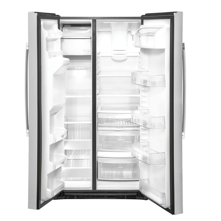 GE 25.1 Cu. Ft. Side-by-Side Refrigerator – Stainless Steel with External Ice & Water Dispenser with 1-Year Warranty